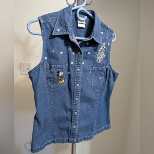 Vintage Disney Blue Denim Vest Mickey Mouse Embroidery Size Large